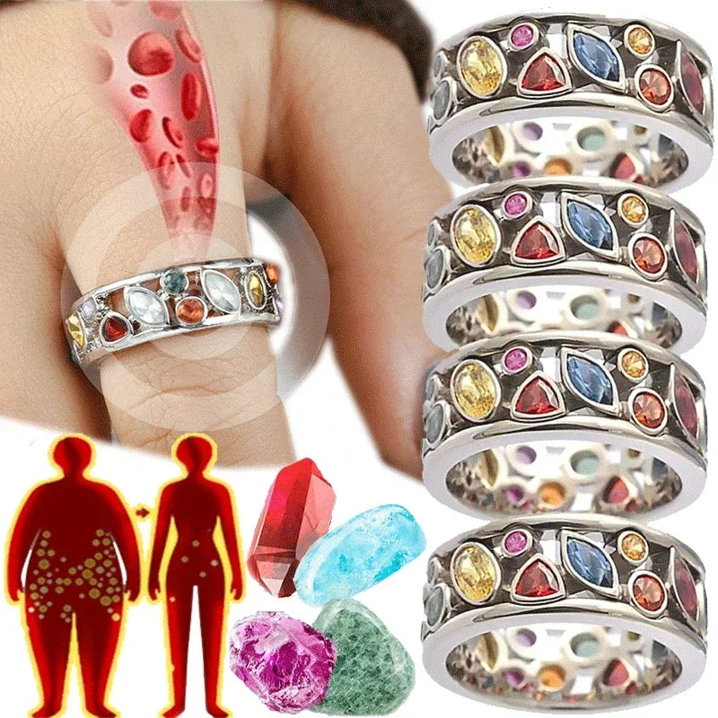 Stack of colorful gemstone rings with a close-up of one ring on skin and illustrations of people and stones.