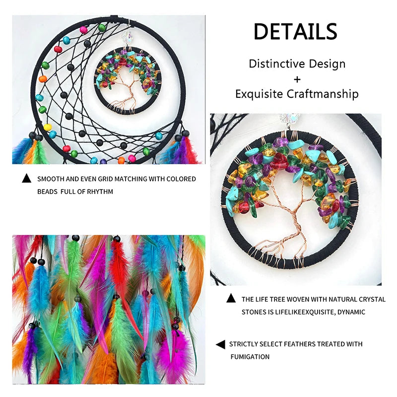Colorful dreamcatcher with beads, feathers, and crystal stones on a white background
