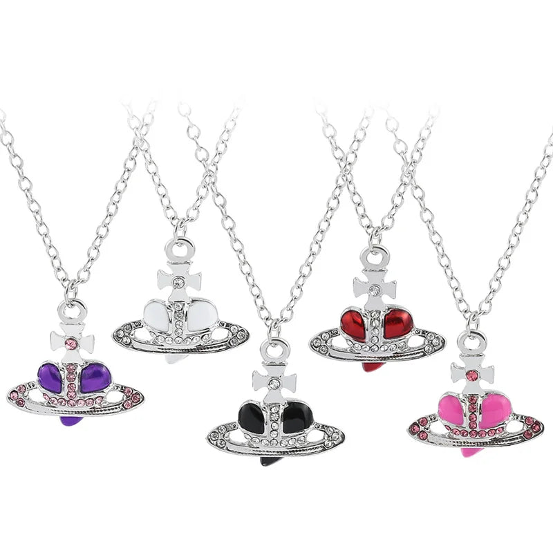 Set of five necklaces with different colored pendants on a white background
