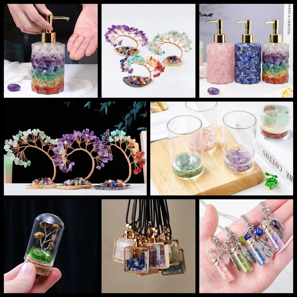 Collage of various crystal and natural product displays including bottles, jewelry, and decor items.