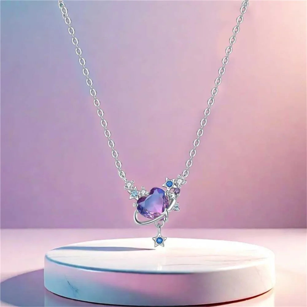 Necklace with a heart-shaped purple pendant on a gradient background