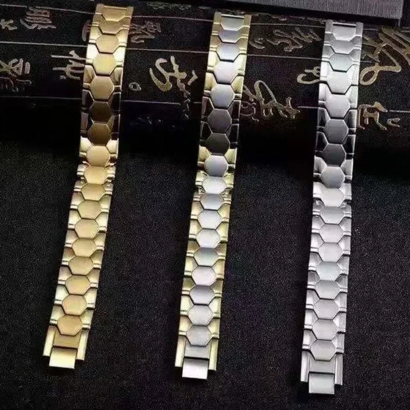 Three metallic watch straps in gold, silver, and gray on a dark background with Chinese characters.