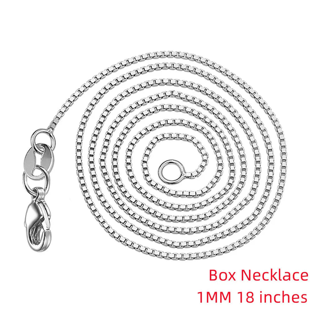 Silver box necklace with clasp on a white background