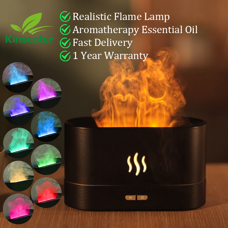 Realistic flame lamp with aromatherapy essential oil features and Kinscoter branding.