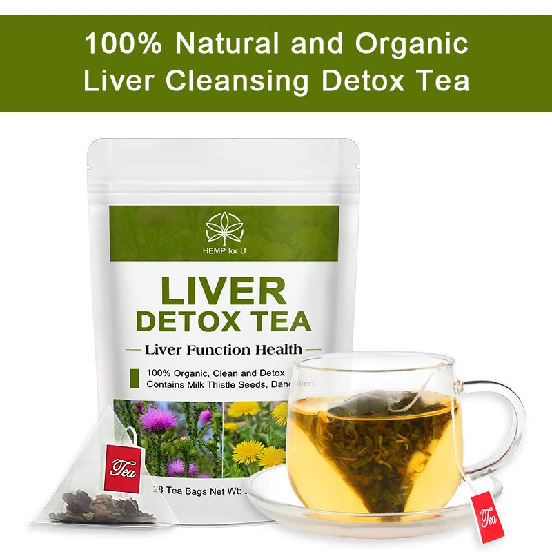 Hemp for U Liver Detox Tea package with a cup of tea on a white background