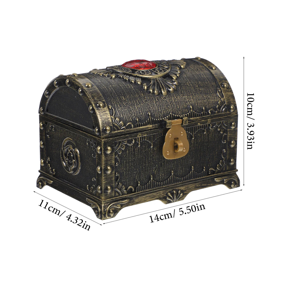 Decorative chest with intricate designs and dimensions on a white background