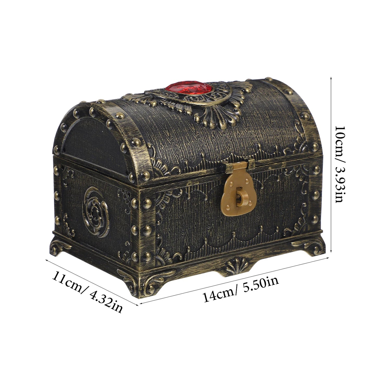 Decorative chest with intricate designs and dimensions on a white background