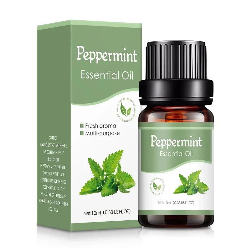 Peppermint essential oil bottle and packaging on a white background