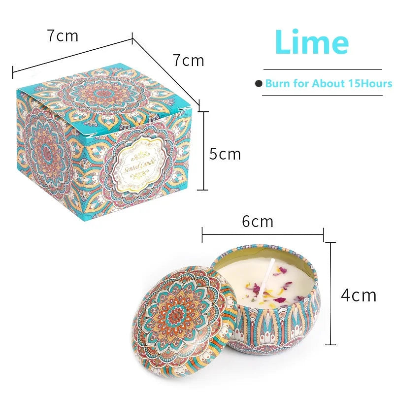 Decorative candle in a tin with dimensions and product details on a white background