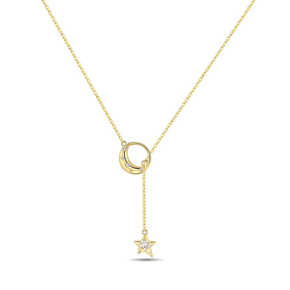 Gold necklace with a star and moon pendant on a white background