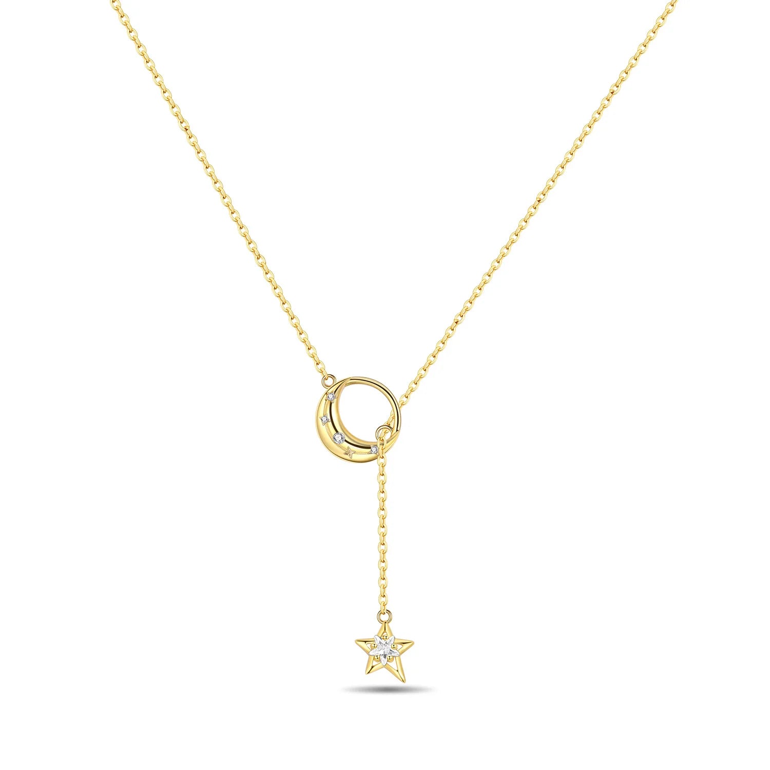 Gold necklace with a star and moon pendant on a white background