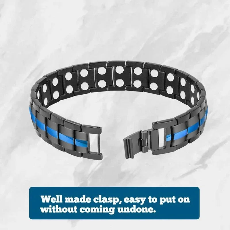 Black metal bracelet with blue strip on a white background