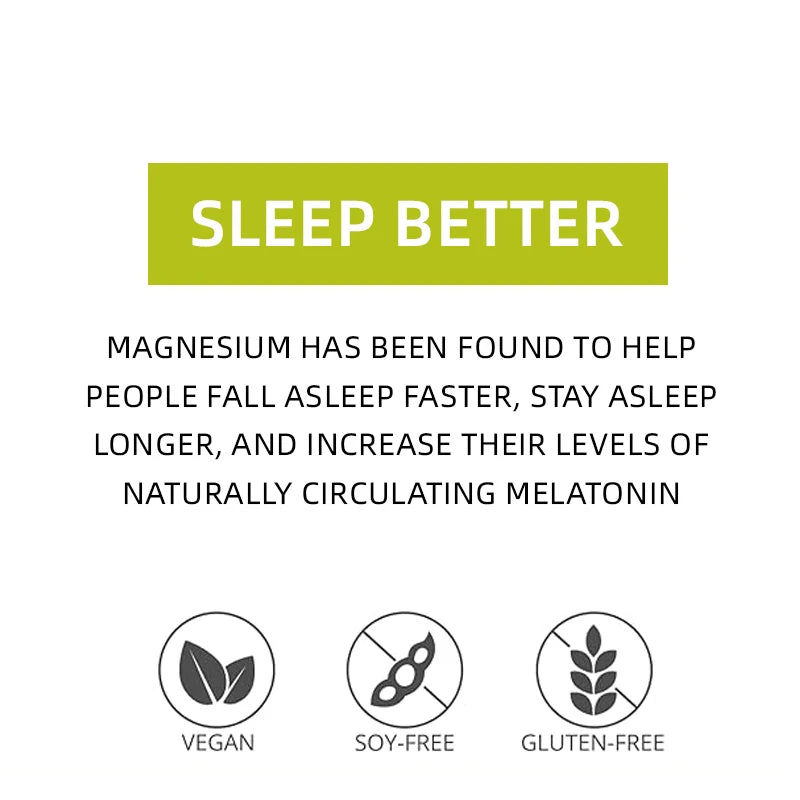 Text about magnesium's benefits for sleep with icons for vegan, soy-free, and gluten-free.
