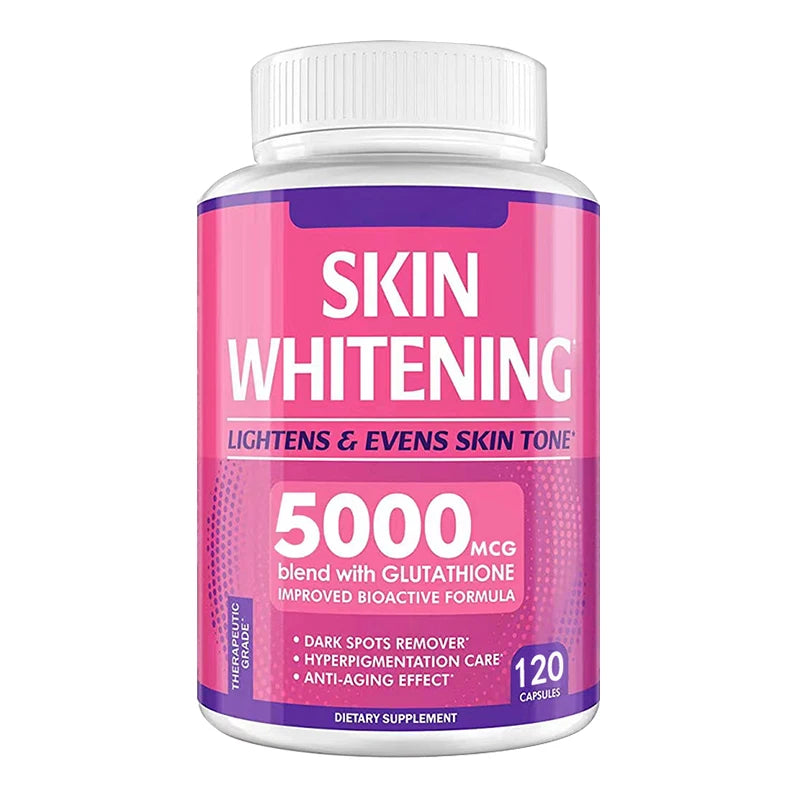 Pink and white supplement bottle labeled 'Skin Whitening' with text on a white background