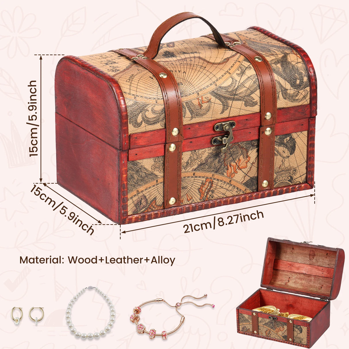 Vintage-style wooden chest with map design, dimensions, and material details on a light pink background.