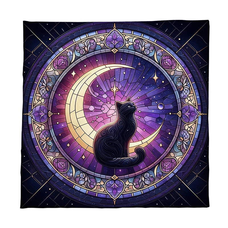 Decorative tapestry with a black cat on a crescent moon surrounded by colorful patterns and stars.