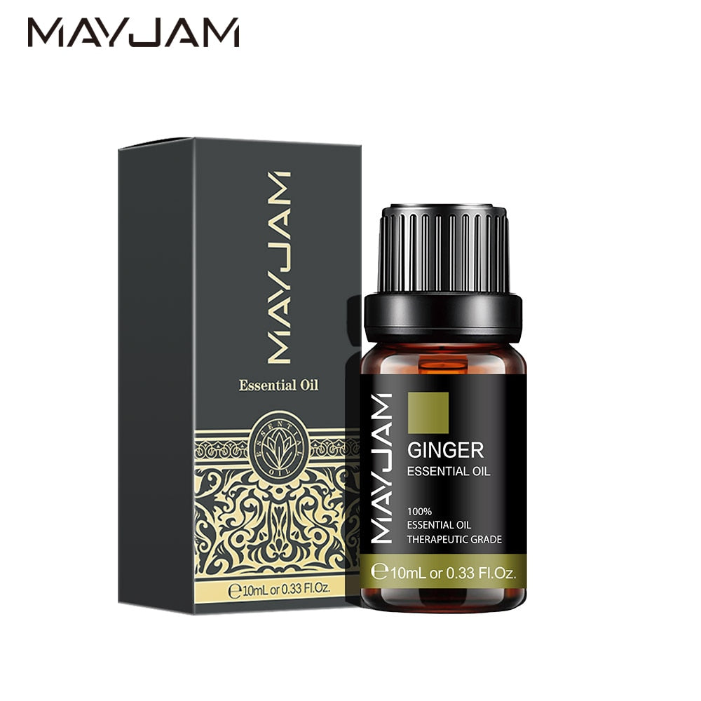 MayJam ginger essential oil bottle and packaging on a white background