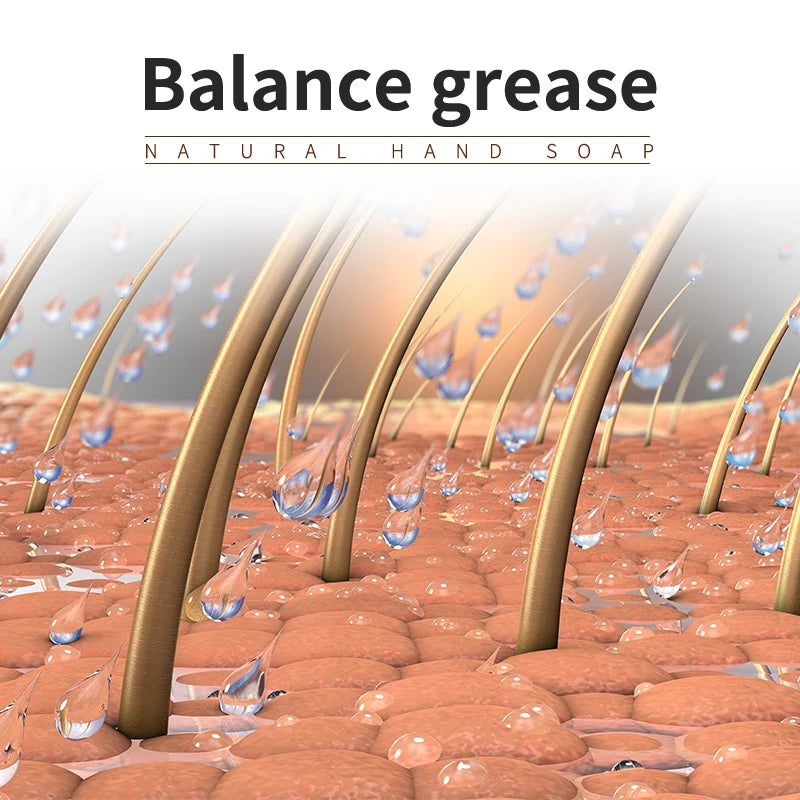 Advertisement for Balance Grease natural hand soap with a close-up of skin and soap bubbles.