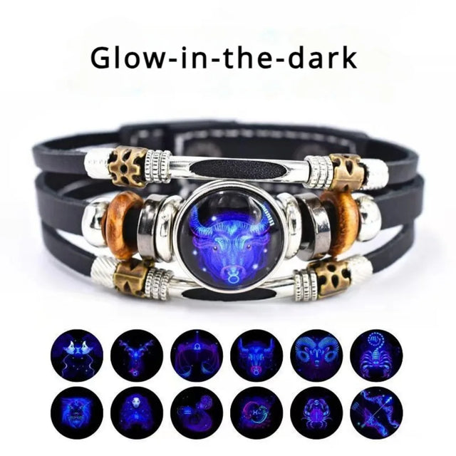 Glow-in-the-dark bracelet with zodiac symbols on a white background