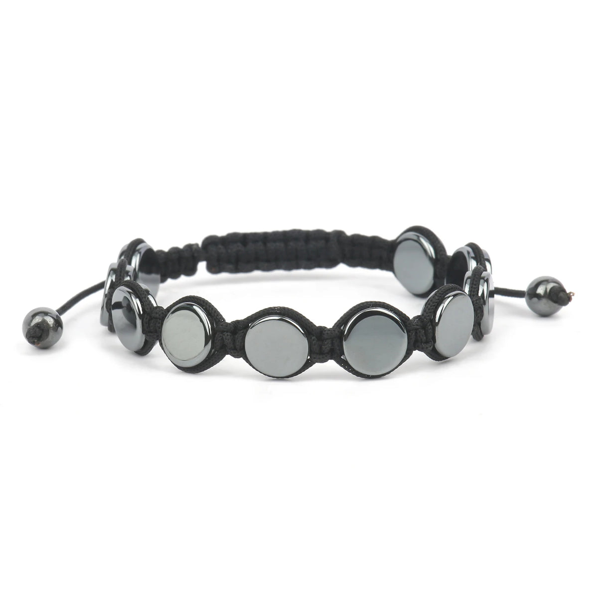 Black bracelet with silver circular beads on a white background