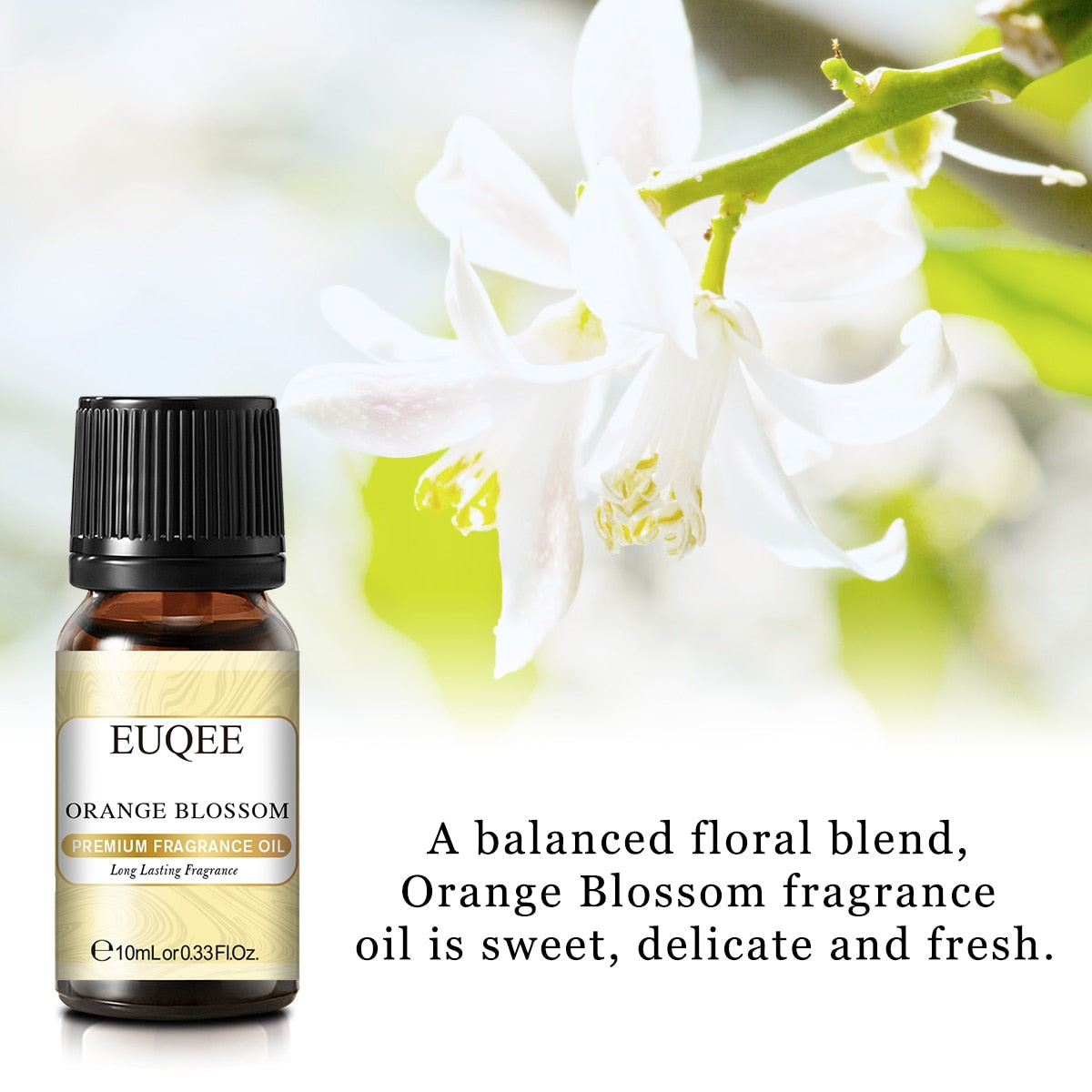 EUQEE Orange Blossom fragrance oil bottle with white flowers in the background