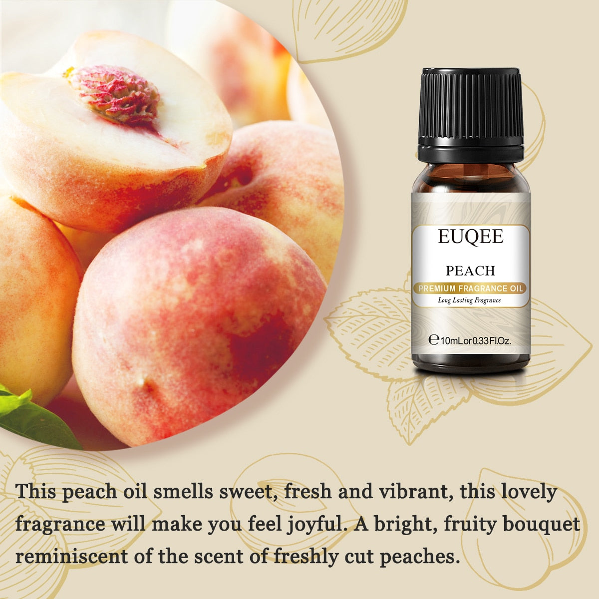 EUQEE peach fragrance oil bottle with peaches and text on a beige background
