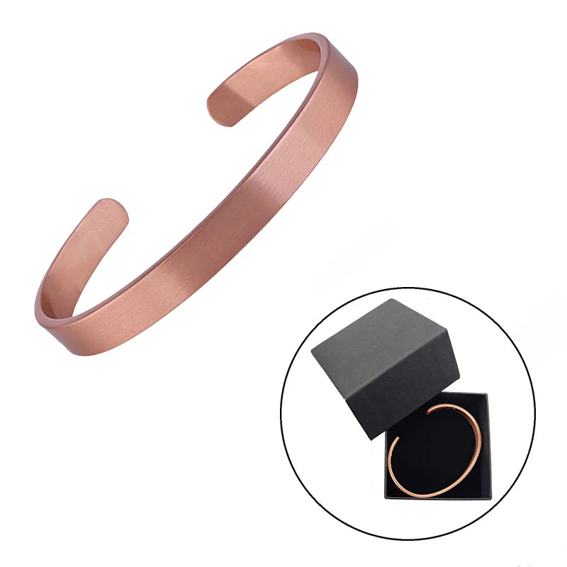 Rose gold bangle with a close-up inset showing it in a black box on a white background