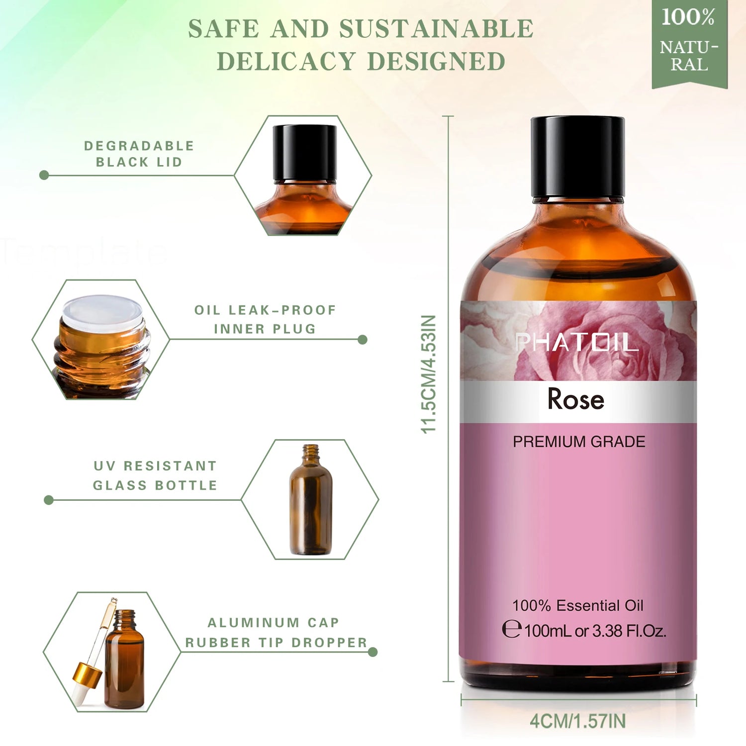 Phat Oil Rose essential oil bottle with features highlighted on a light green background