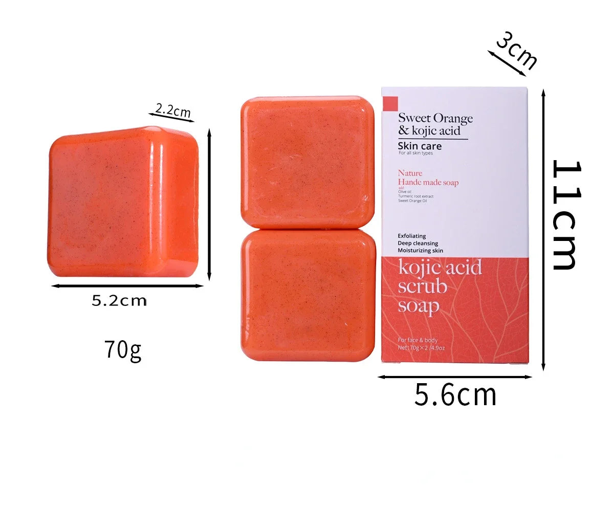 Red soap bars with packaging labeled 'Kojic acid scrub soap' and measurements on a white background