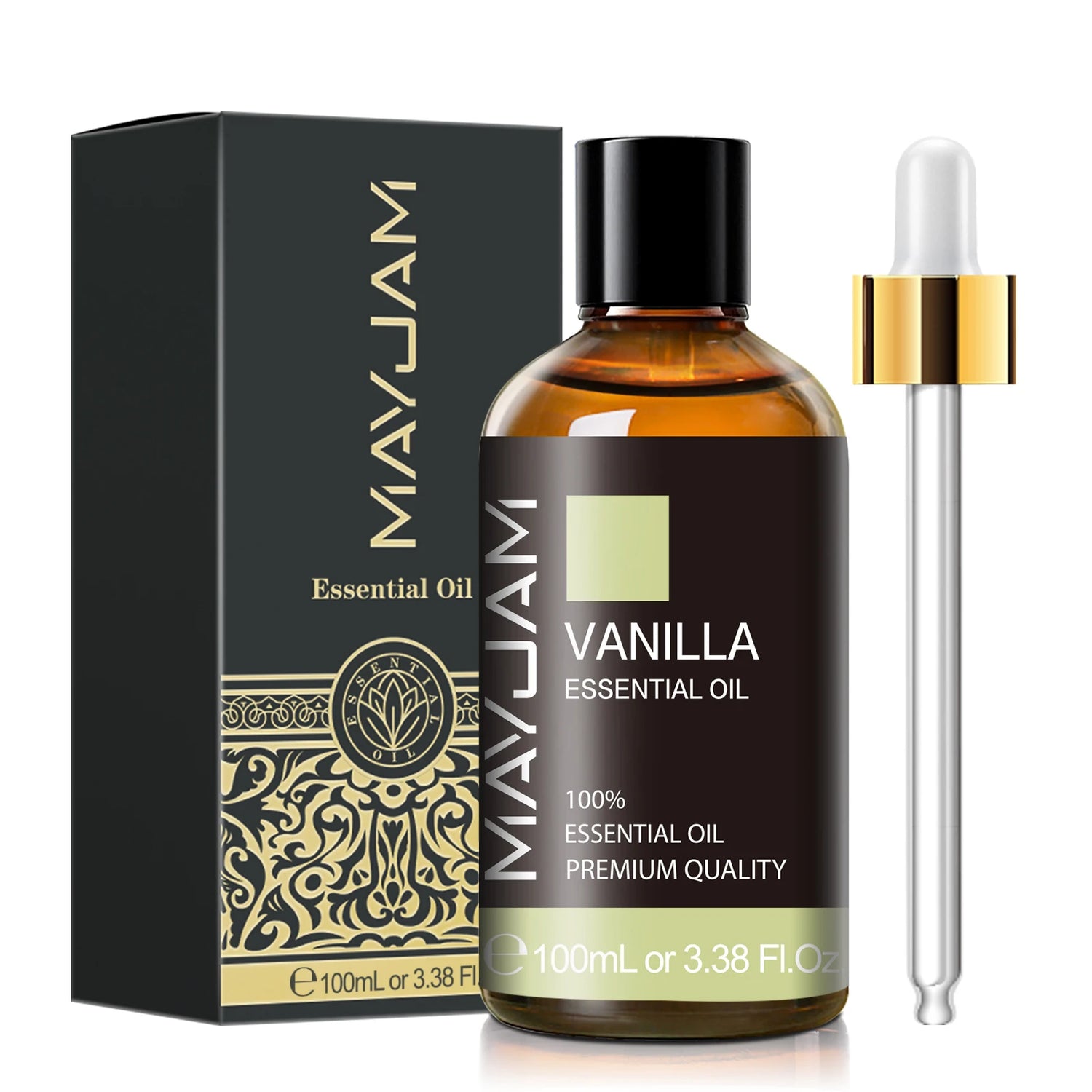 MayJam Vanilla Essential Oil bottle with dropper and packaging on a white background