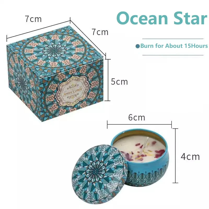 Candle packaging with dimensions and product name 'Ocean Star'.