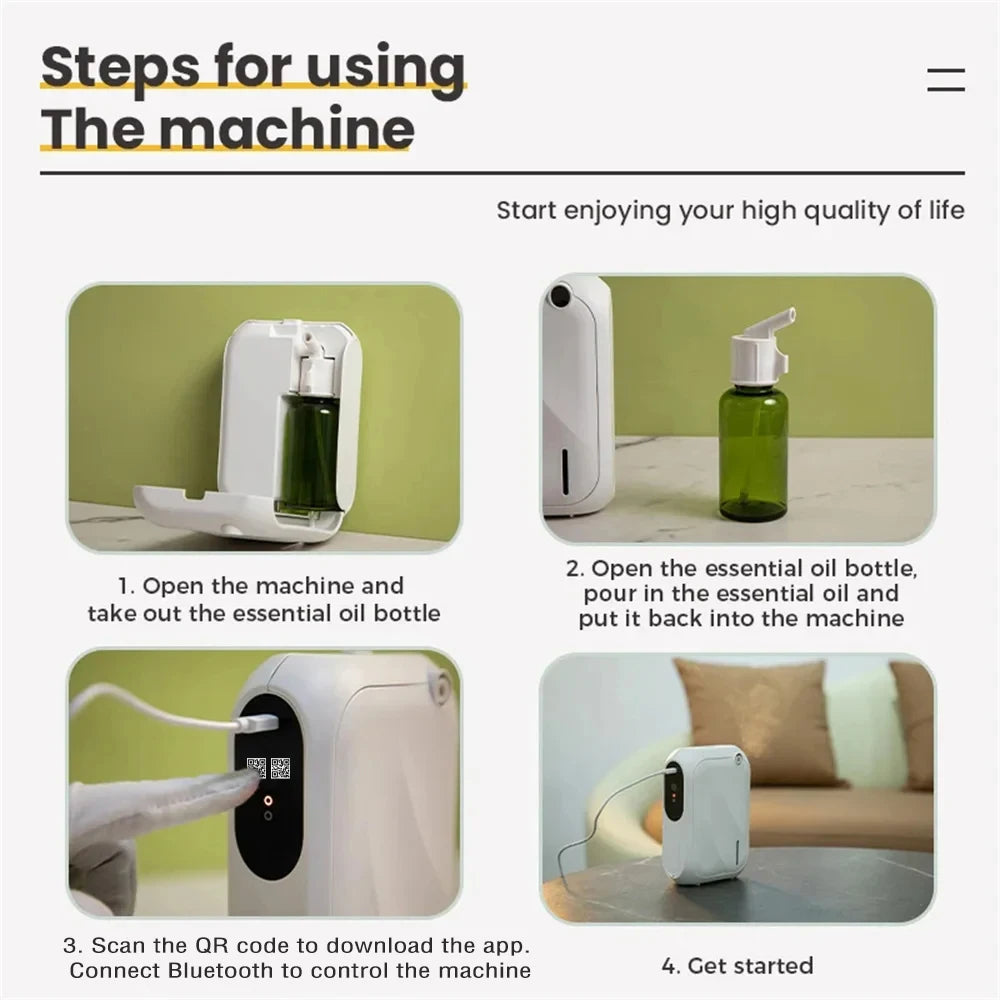 Instructions for using a machine to use essential oils, with images of the machine and oil bottle.