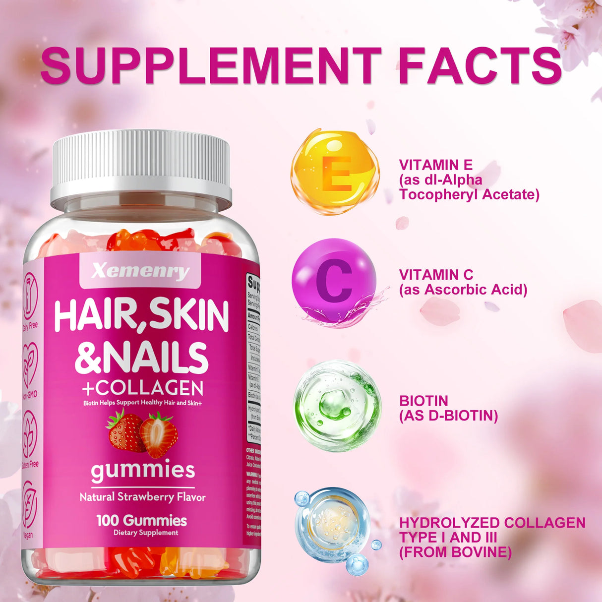 Supplement facts for Xemenry Hair, Skin & Nails + Collagen gummies with vitamins E, C, and Biotin on a pink background.