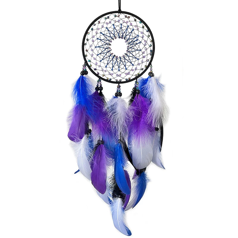 Dreamcatcher with blue, purple, and white feathers on a white background