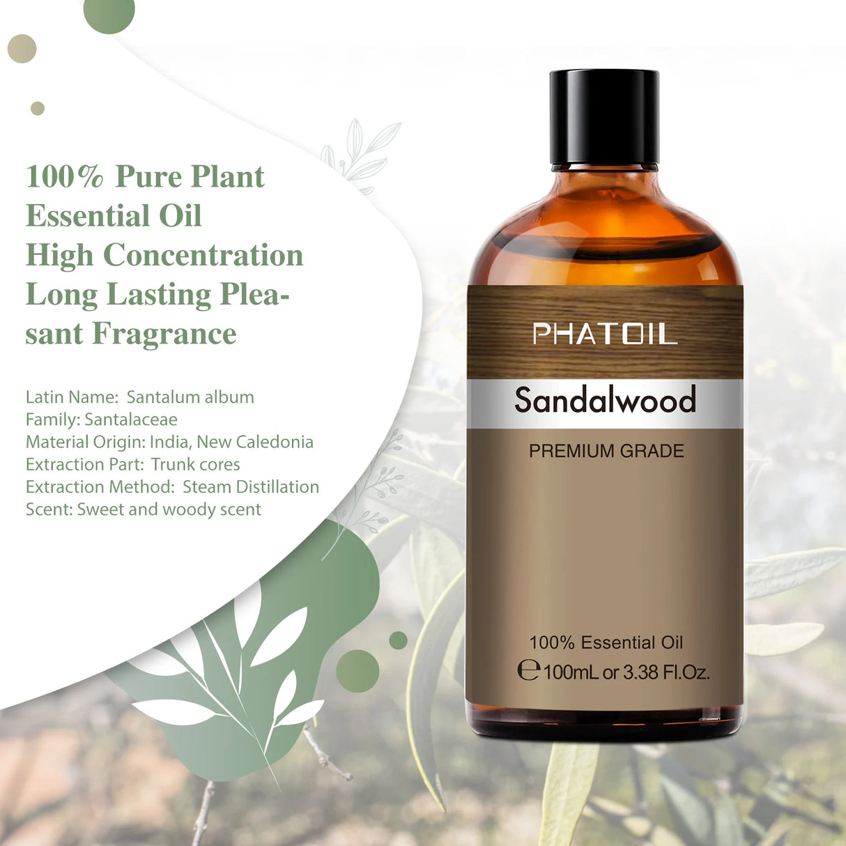 Sandalwood essential oil bottle with product details on a natural background