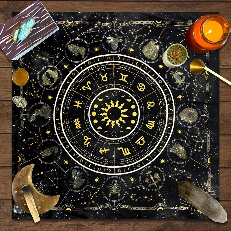 Astrological chart with zodiac symbols on a wooden surface with candles and占卜 tools.