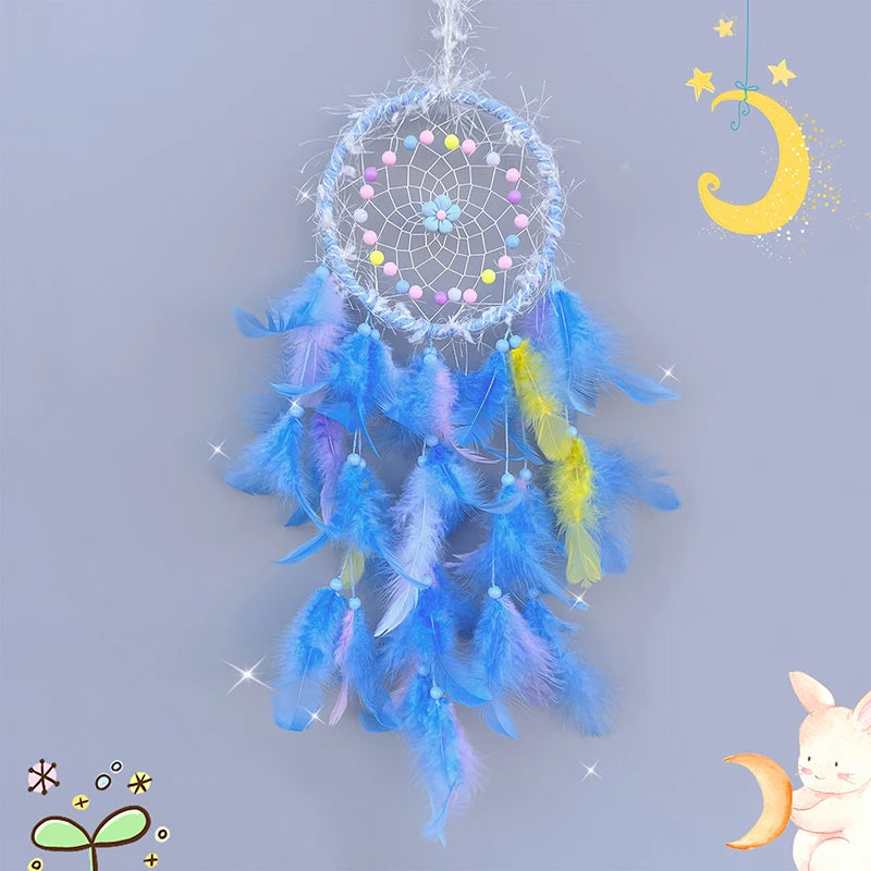 Blue dreamcatcher with feathers on a light purple background