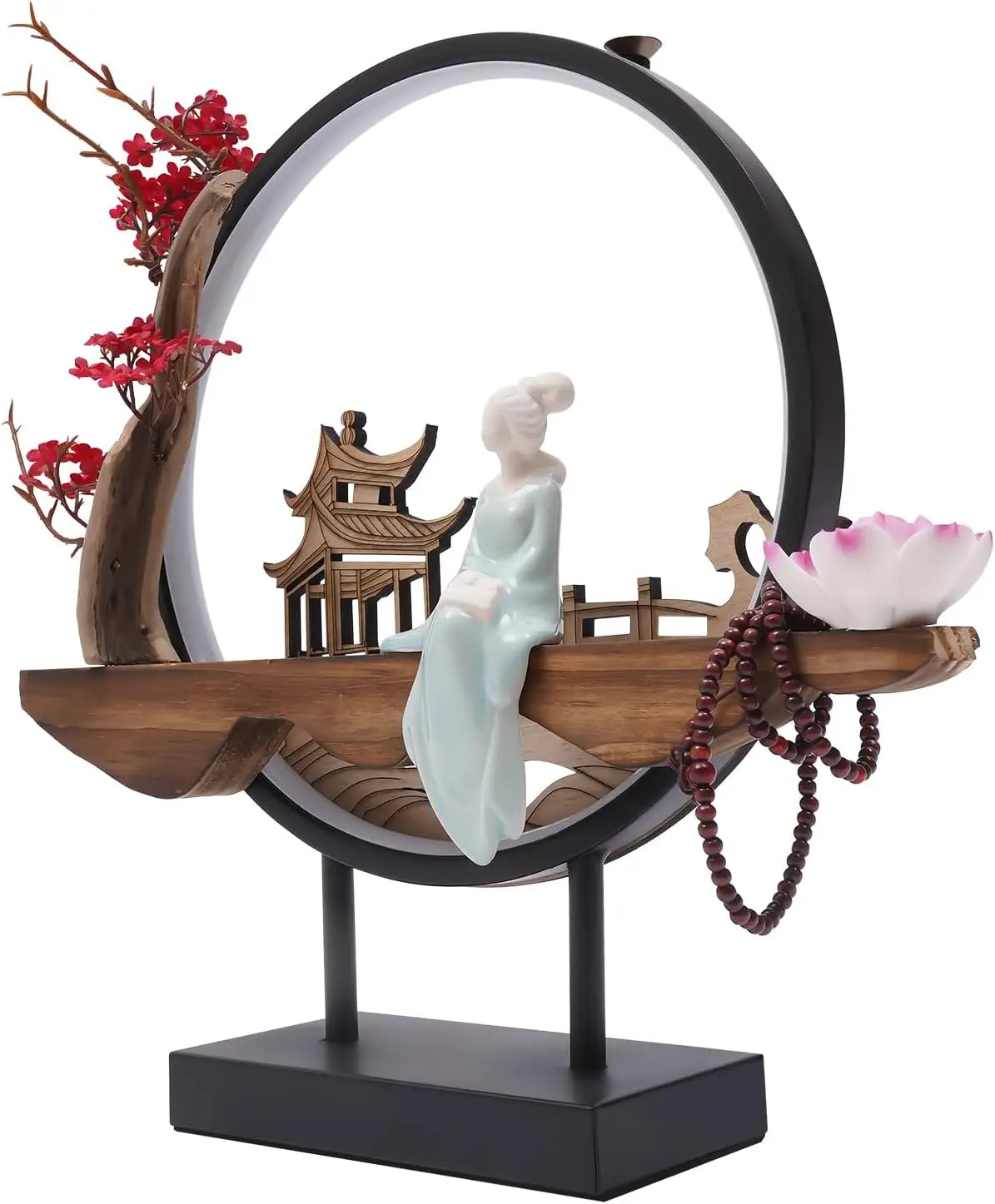 Decorative piece with a figurine, wooden elements, and a small building on a white background