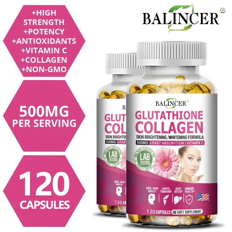 Two bottles of Balincer Glutathione Collagen supplement with product details on a white background.