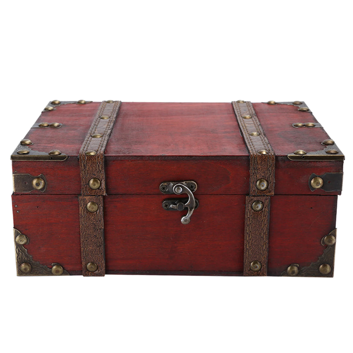 Red wooden treasure chest with brass accents on a white background