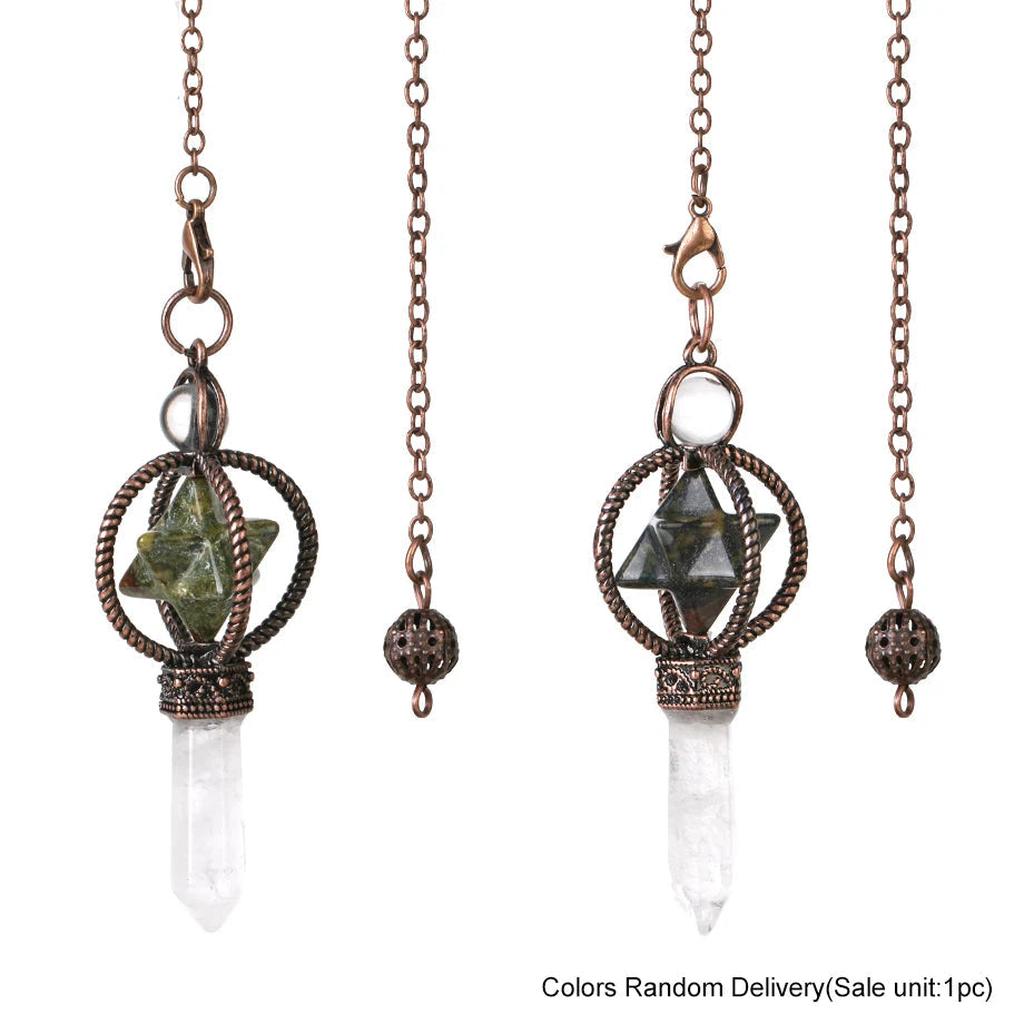 Two crystal pendants on chains with a visible brand logo in the corner.