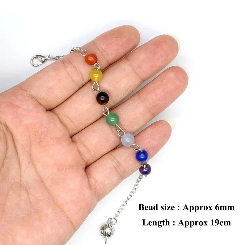 Hand holding a colorful beaded necklace with size and length information.