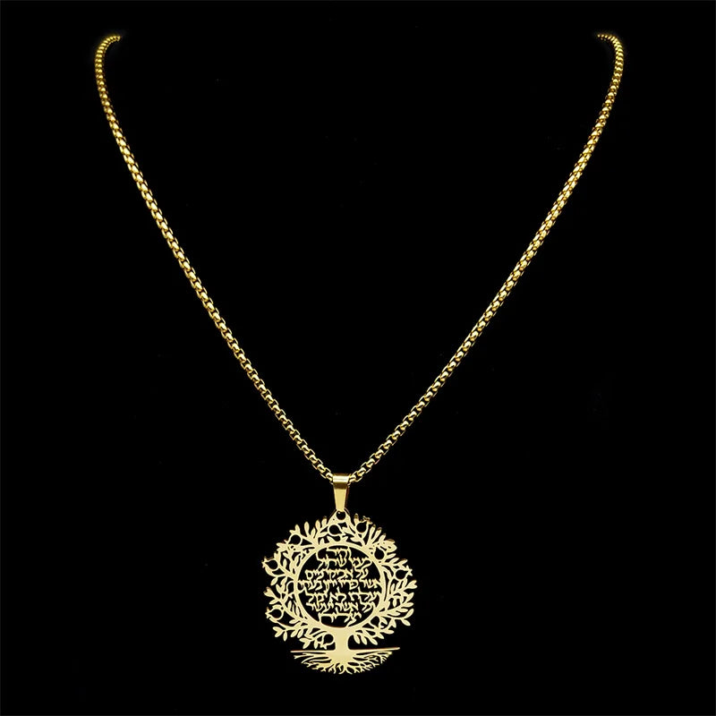 Gold necklace with a tree-shaped pendant on a black background