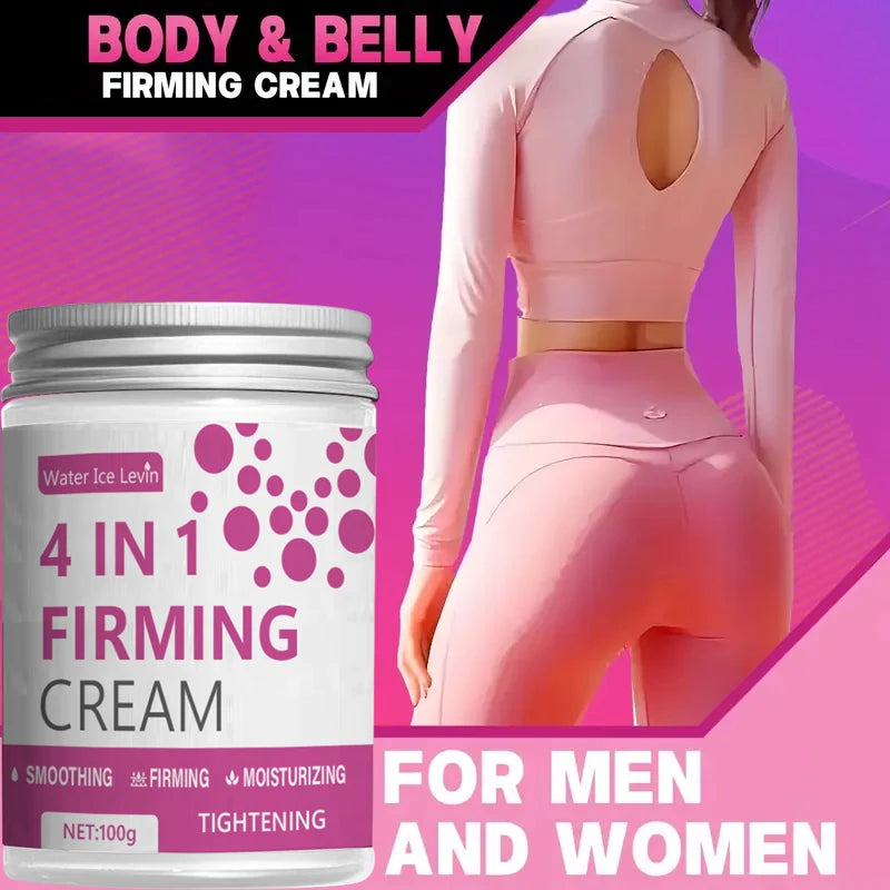 4-in-1 firming cream packaging with a model wearing a pink outfit on a pink and purple gradient background.