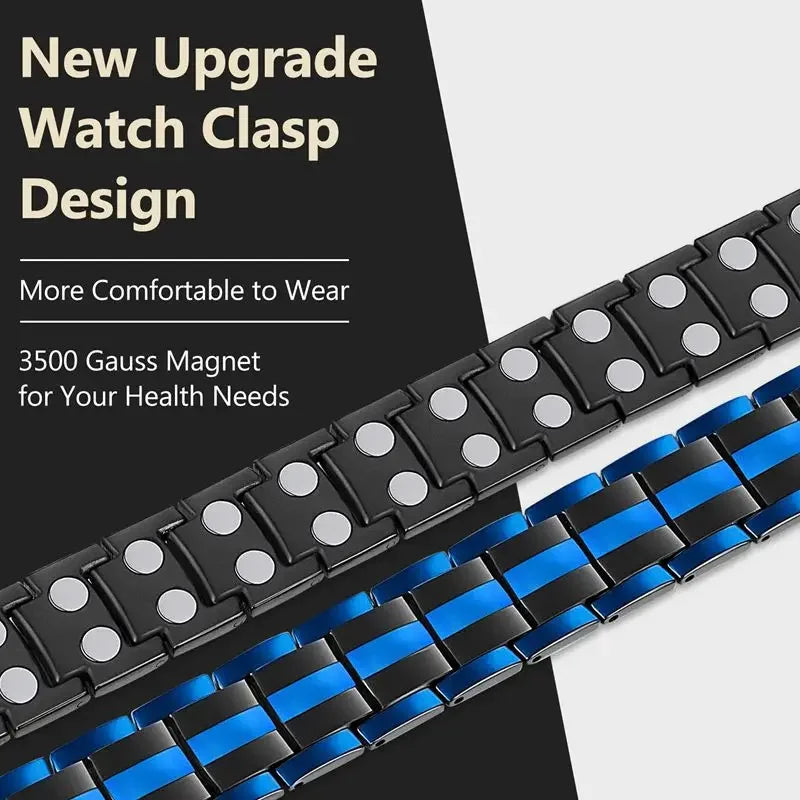 Black and blue watch clasp with text about new upgrade design and health benefits.