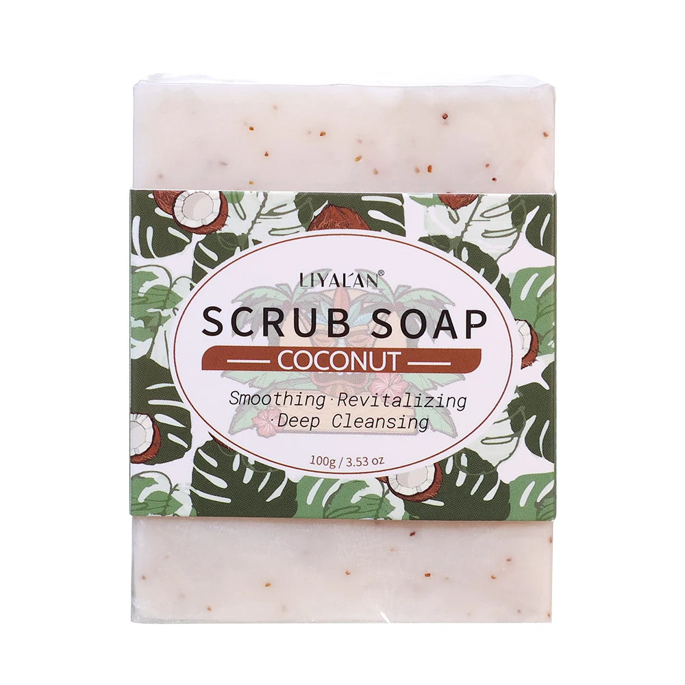 Bar of scrub soap with a coconut-themed label on a white background