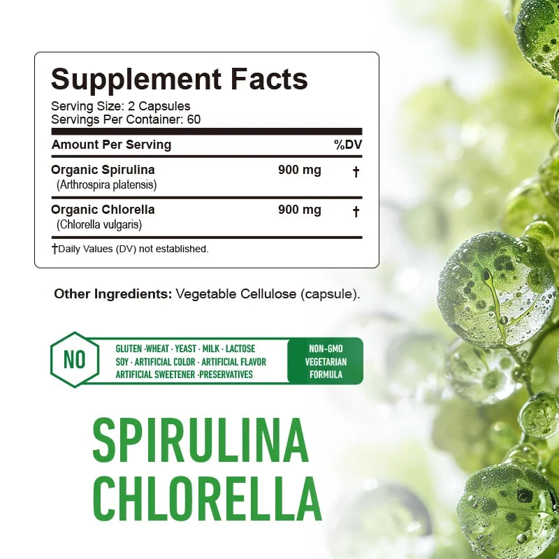Supplement facts label for Spirulina and Chlorella with green background