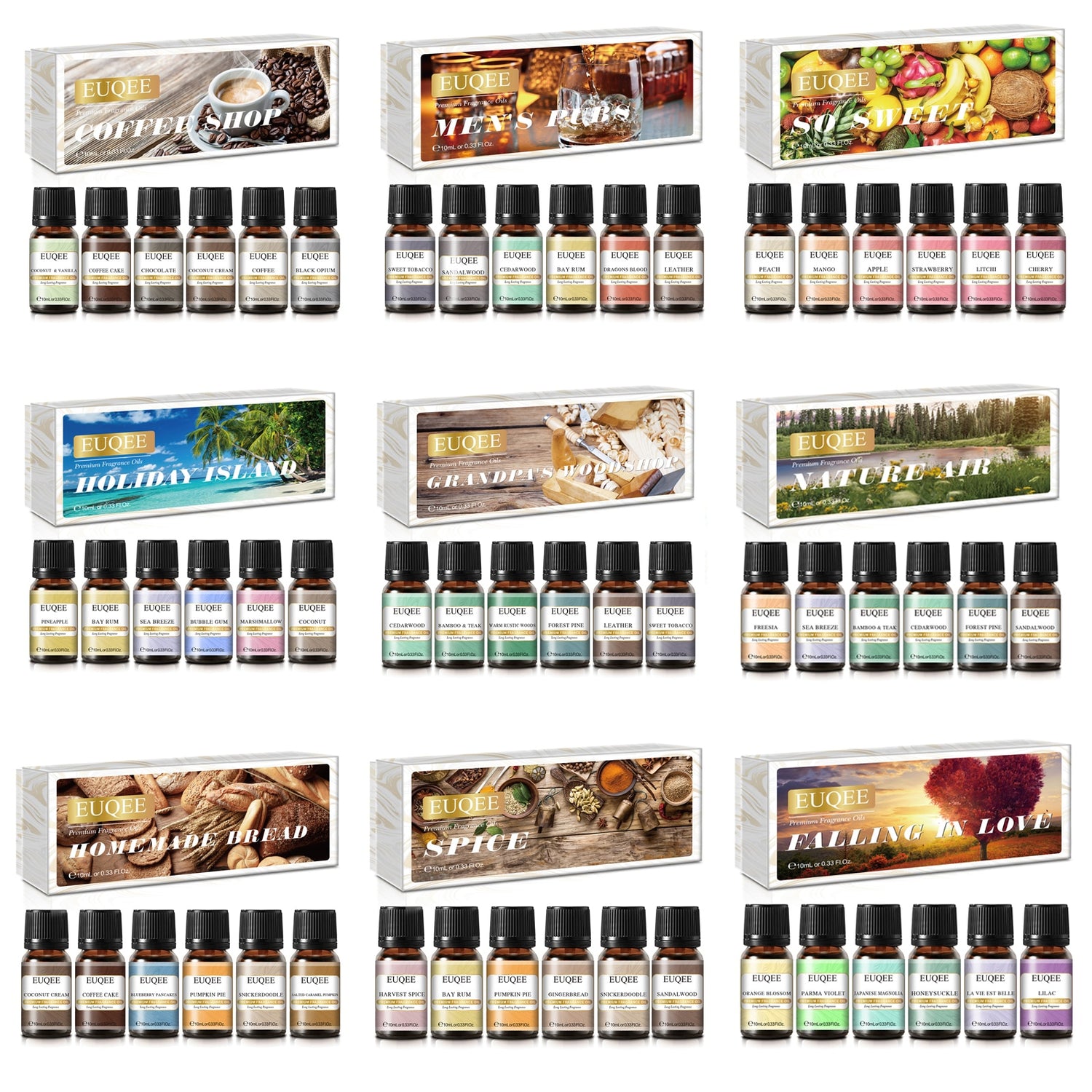 Collection of essential oil bottles with various packaging designs.