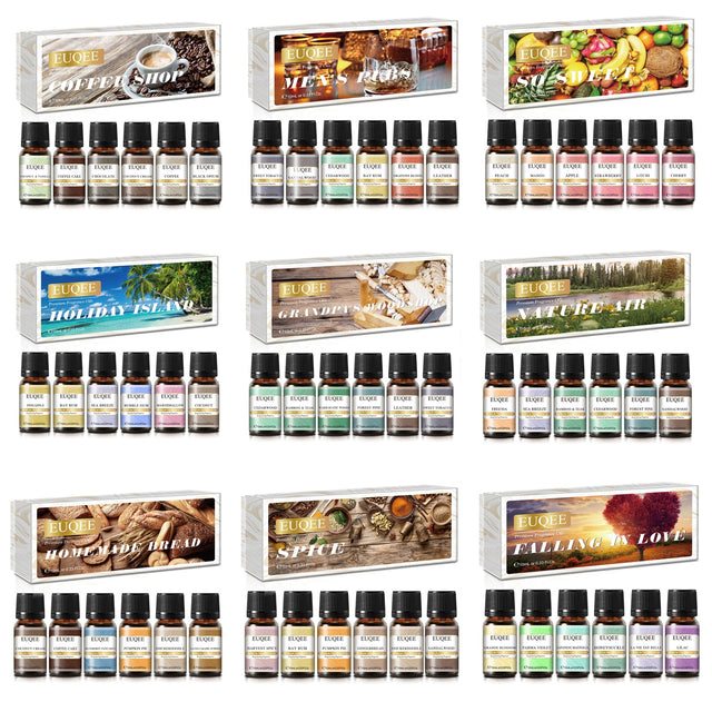 Collection of essential oil bottles with various packaging designs.
