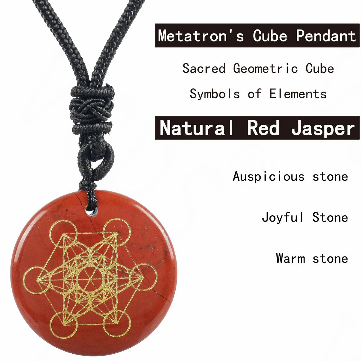 Red jasper Metatron's Cube pendant on a black cord with text about its properties.